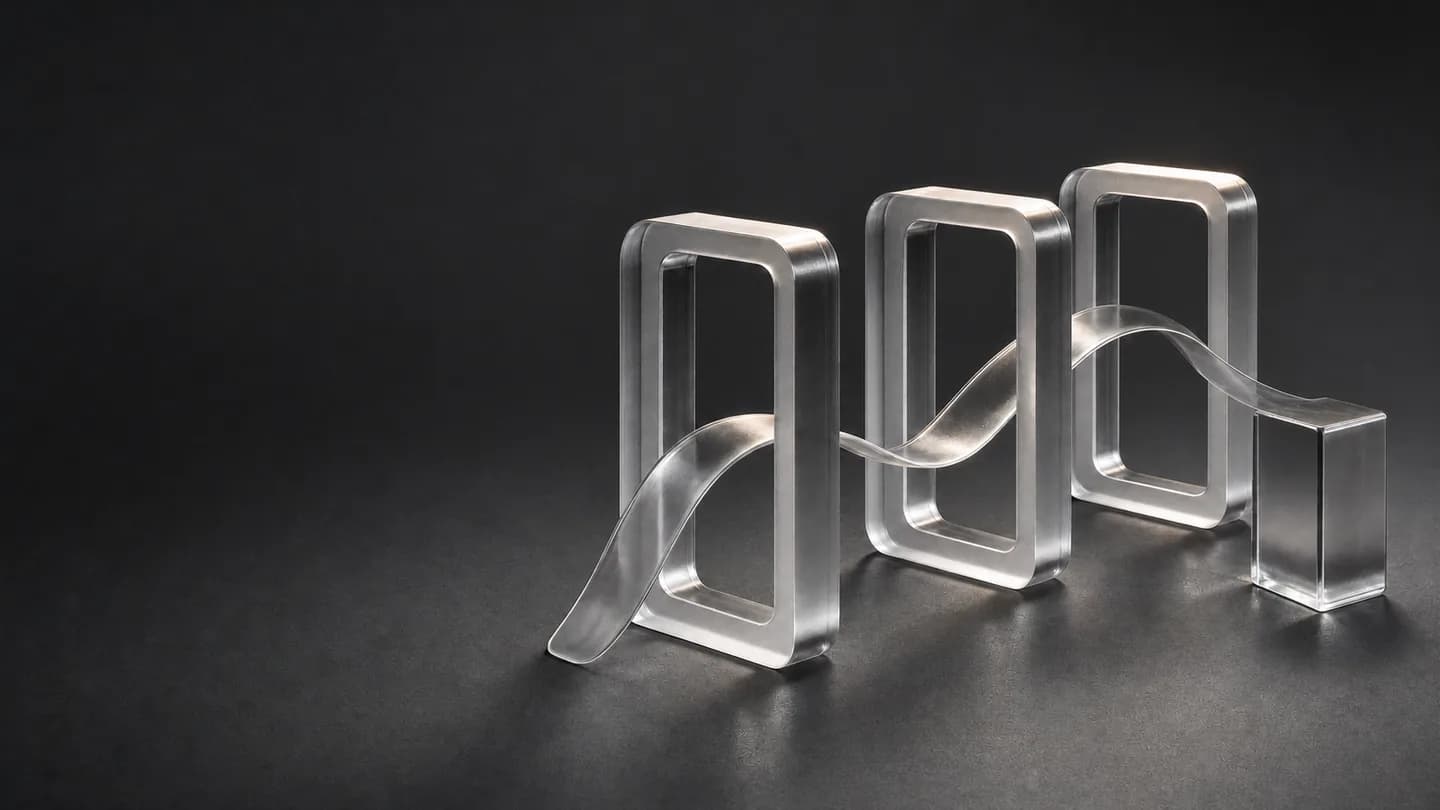 A precise sequence of glass frames holds one continuous path, representing a clearly configured agent workflow.