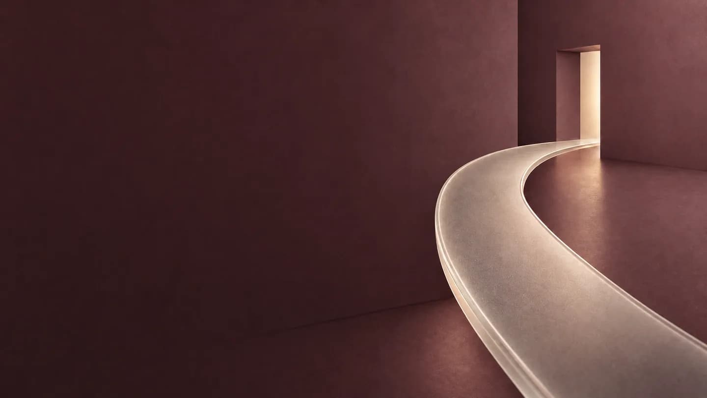 A continuous glass ribbon turns toward a softly illuminated opening, representing a follow-up instruction carried into the next appointment.