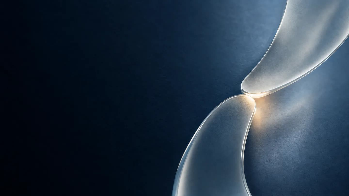 Two frosted glass curves meet in warm light, representing an agent and supervisor carrying a conversation forward.
