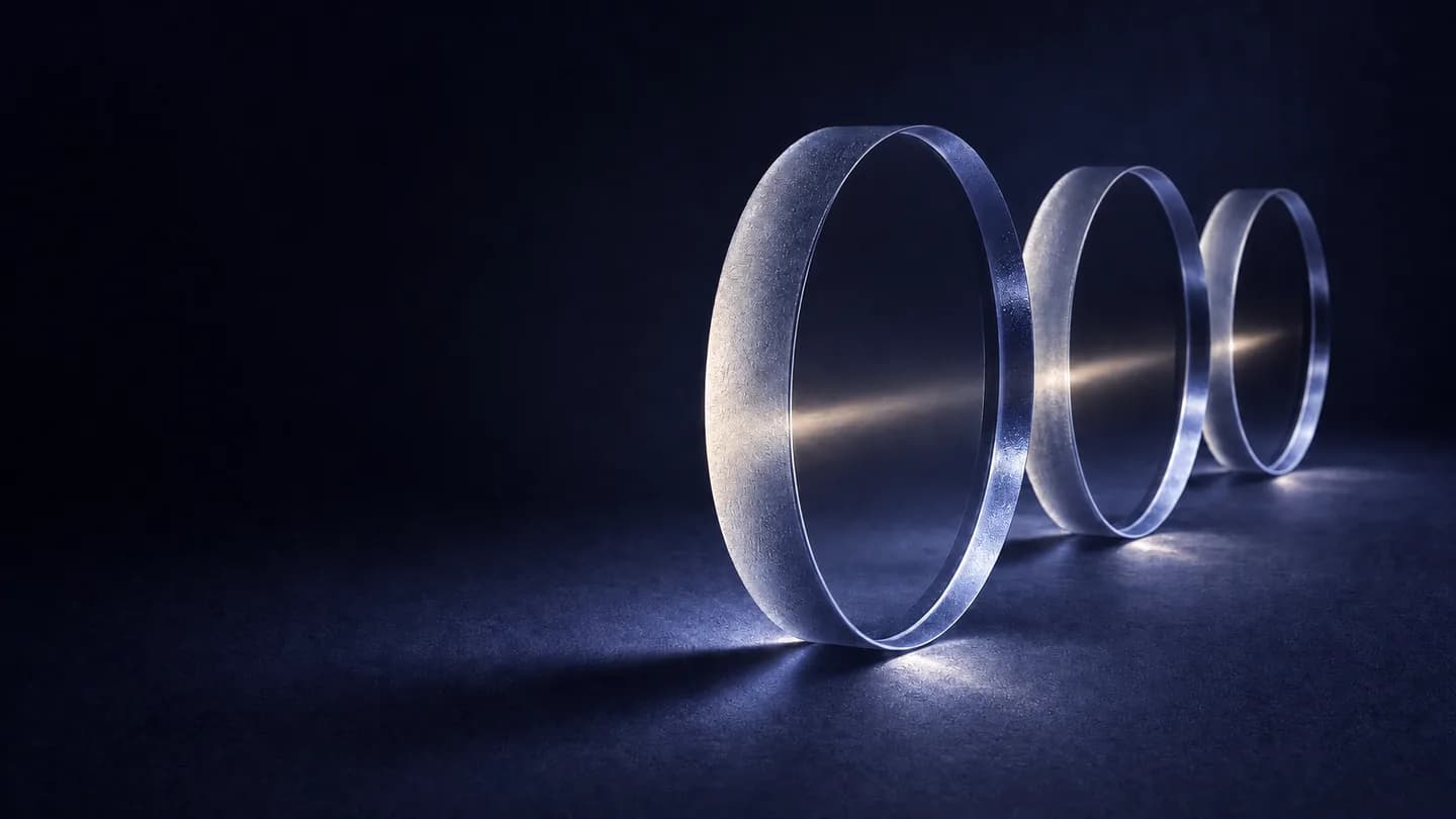 Three translucent lenses align around a bright line, representing a review that connects conversation and outcome.