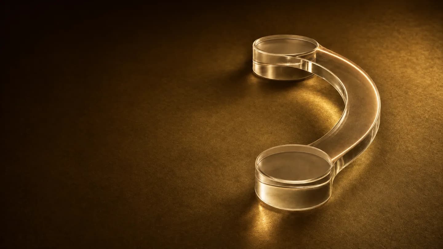 A luminous glass path connects two open forms, representing a purposeful follow-up.