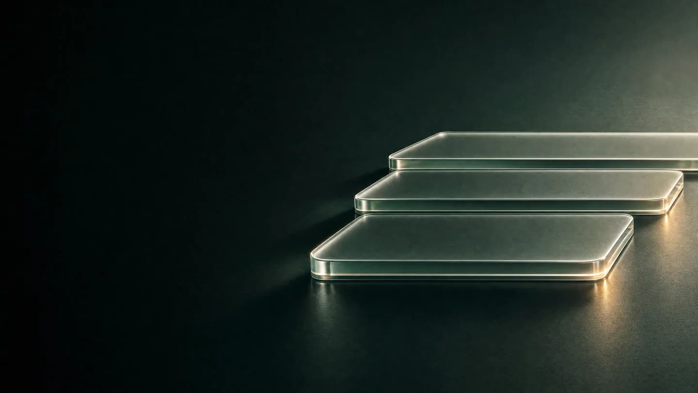 A sequence of rounded glass platforms broadens into a wider foundation in warm light, representing a measured pilot growing into a rollout.