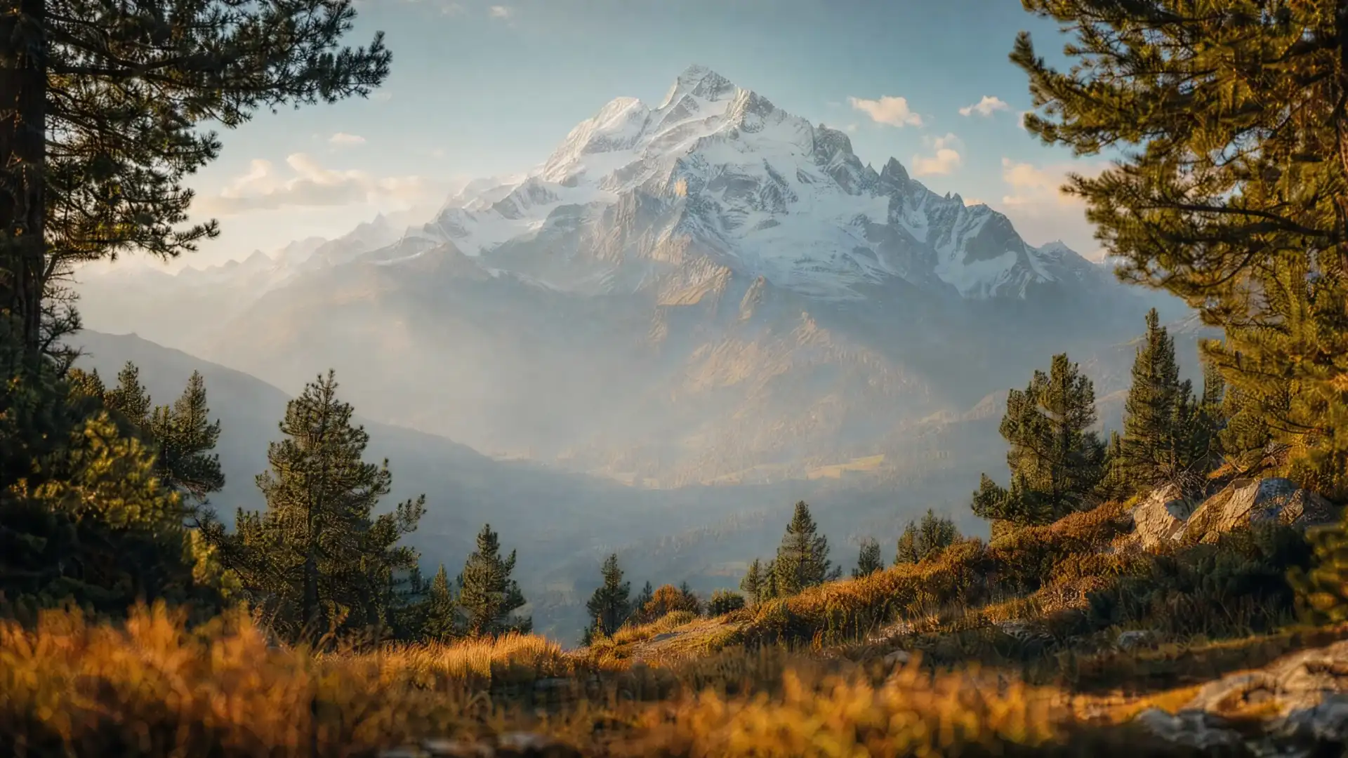 A mountain landscape framed by trees